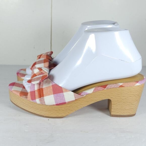 J. Crew Women's US7,5 Multicolor Plaid Printed Bow Wooden Heels Mules Sandals Nw - Picture 2 of 14